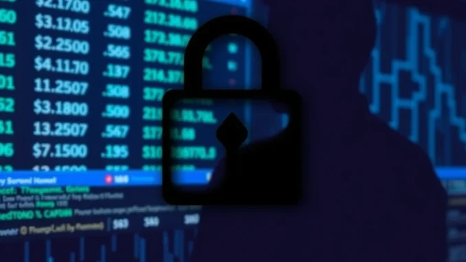 A digital padlock over a screen displaying frozen cryptocurrency, symbolizing WorldLibertyFinancial's blacklisting of Justin Sun's tokens.
