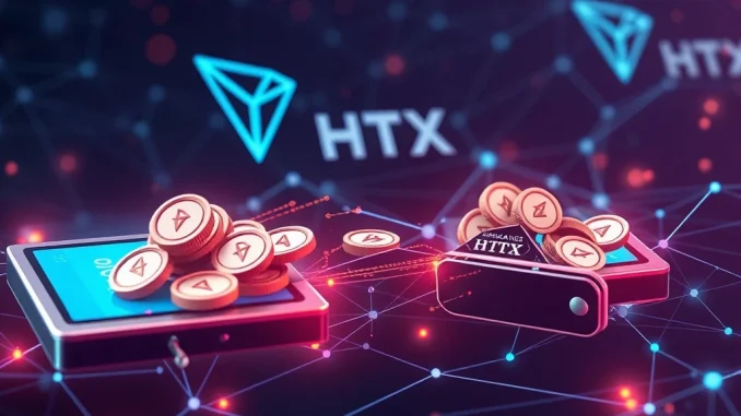 Justin Sun's Massive WLFI Transfer Sparks HTX Speculation Visualizing a large Justin Sun WLFI transfer of digital assets on a blockchain, with HTX exchange logo in the background, signifying a significant crypto whale movement.