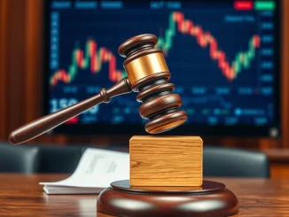 A gavel on a legal desk, symbolizing the Massachusetts Attorney General's Kalshi lawsuit against the prediction market for unlicensed betting services.