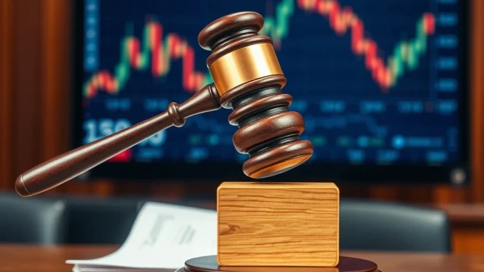 A gavel on a legal desk, symbolizing the Massachusetts Attorney General's Kalshi lawsuit against the prediction market for unlicensed betting services.