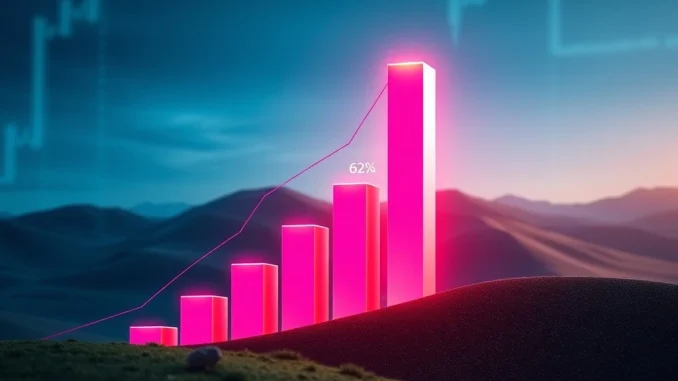 A visual representation of Kalshi prediction market's dramatic growth, showing a rising bar graph overtaking a competitor, symbolizing its impressive market share surge.