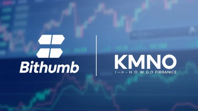 Bithumb logo next to Kamino Finance (KMNO) logo, symbolizing the **Kamino Finance KMNO** listing announcement on a South Korean exchange.