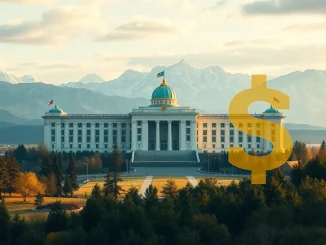 A visual representation of Kazakhstan's national bank integrated with digital currency symbols, symbolizing the proposed Kazakhstan crypto fund and its strategic investment.