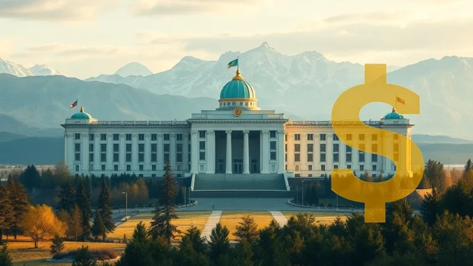A visual representation of Kazakhstan's national bank integrated with digital currency symbols, symbolizing the proposed Kazakhstan crypto fund and its strategic investment.