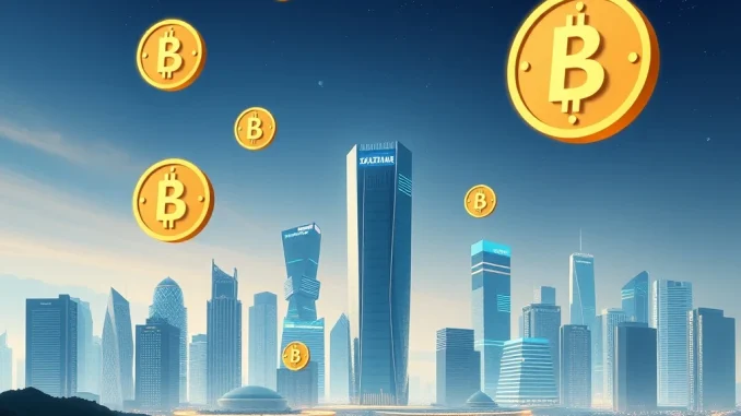 Illustrating Kazakhstan's financial regulatory authority accepting stablecoin payments for official fees, symbolizing the nation's progress in digital asset integration.