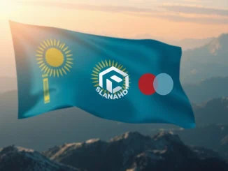 Kazakhstan stablecoin pilot on Solana, showing digital currency flowing between Kazakhstan, Solana, and Mastercard logos, symbolizing financial innovation.