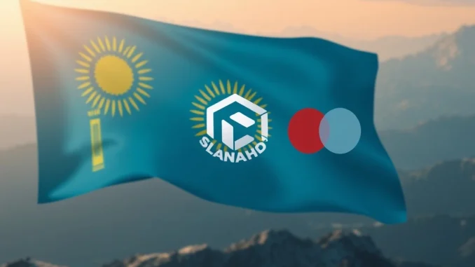 Kazakhstan stablecoin pilot on Solana, showing digital currency flowing between Kazakhstan, Solana, and Mastercard logos, symbolizing financial innovation.
