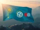 Kazakhstan stablecoin pilot on Solana, showing digital currency flowing between Kazakhstan, Solana, and Mastercard logos, symbolizing financial innovation.