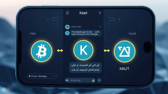 Keet Messenger Unveils Transformative AI & Crypto Payment Future Keet messenger interface showing Bitcoin, USDT, and XAUT payment options alongside AI features for secure, advanced communication.