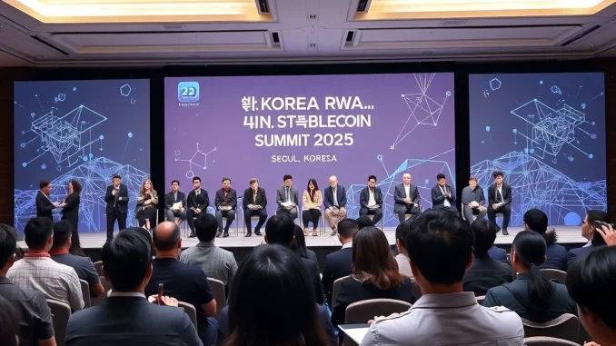 Attendees and speakers at the Korea RWA Summit discussing real-world assets and stablecoin technology, highlighting financial innovation.