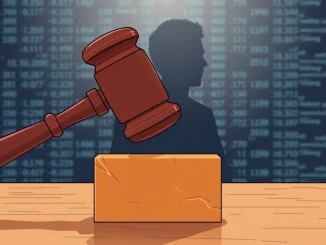 A gavel striking a sound block with blockchain data in the background, symbolizing a **South Korean crypto influencer** facing a defamation fine for online actions.