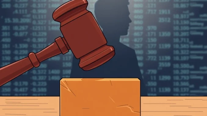 A gavel striking a sound block with blockchain data in the background, symbolizing a **South Korean crypto influencer** facing a defamation fine for online actions.
