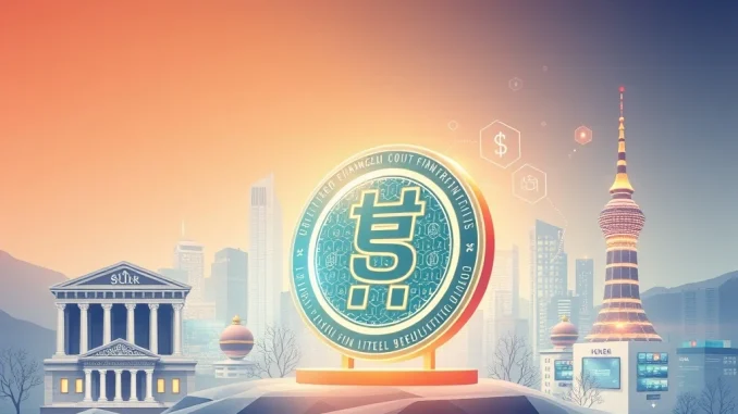 Illustrates a bank-fintech consortium collaborating on the issuance of a Korean Won Stablecoin, symbolizing financial innovation and stability in South Korea.