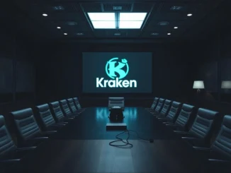 Empty chairs in a boardroom symbolize recent Kraken resignations and executive departures at the crypto exchange.