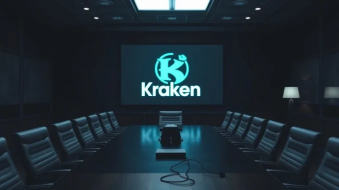Empty chairs in a boardroom symbolize recent Kraken resignations and executive departures at the crypto exchange.