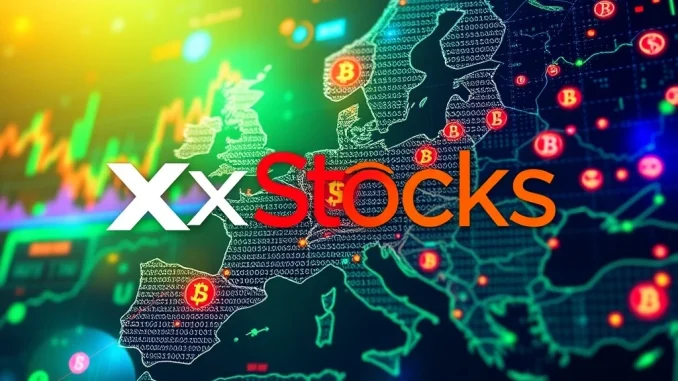A digital interface showcasing Kraken xStocks platform on a screen, symbolizing the launch of tokenized stocks in Europe.