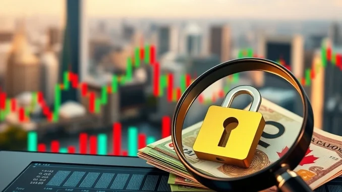 A digital padlock symbolizing security and compliance, with Canadian currency and a magnifying glass, representing the KuCoin Canada FINTRAC fine.