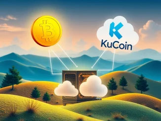 KuCoin cloud mining platform interface displaying Bitcoin and Dogecoin symbols, symbolizing easy access to crypto mining.