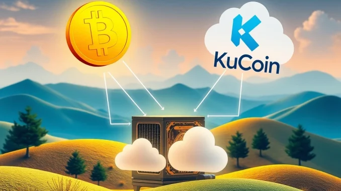 KuCoin cloud mining platform interface displaying Bitcoin and Dogecoin symbols, symbolizing easy access to crypto mining.