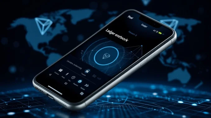 Ledger enterprise iOS app interface showing secure crypto asset management and Tron network integration.
