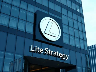 Litecoin logo prominently displayed on a corporate building, symbolizing MEI Pharma's rebranding to Lite Strategy and its strategic LTC holdings.