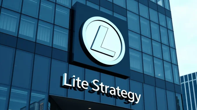 Litecoin logo prominently displayed on a corporate building, symbolizing MEI Pharma's rebranding to Lite Strategy and its strategic LTC holdings.