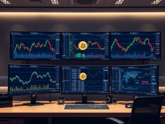 A professional trader monitors Bitcoin and Ethereum charts, symbolizing LMAX Group's launch of 100x leverage perpetual futures for institutions.