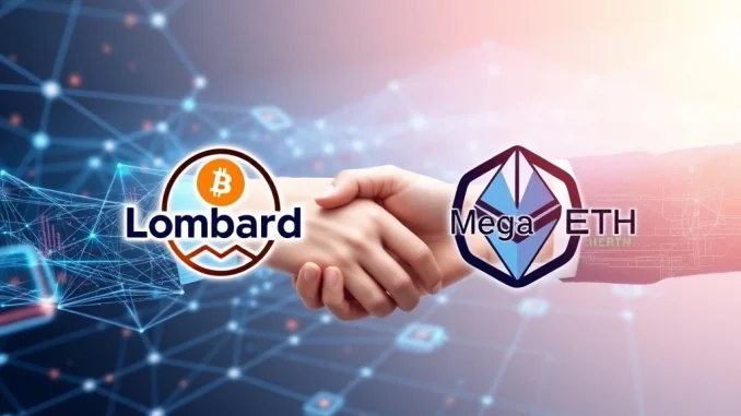 Visualizing the Lombard MegaETH partnership, symbolizing a secure connection between Bitcoin and EVM ecosystems for on-chain finance.