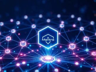 Mantra's network upgrade showing EVM and CosmWasm smart contract integration, symbolizing enhanced blockchain interoperability.