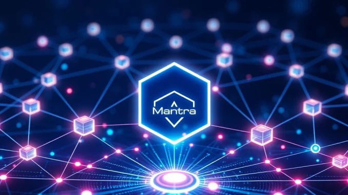 Mantra's network upgrade showing EVM and CosmWasm smart contract integration, symbolizing enhanced blockchain interoperability.