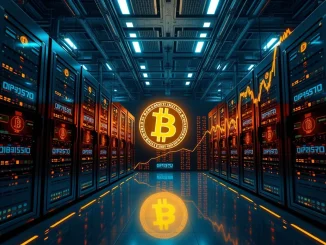 Marathon Digital's August Bitcoin mining success, symbolized by a digital BTC coin amidst mining equipment, highlights their strategic asset accumulation.