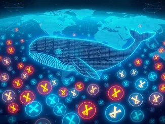 A digital whale symbolizing a massive XRP transfer from Ripple to an unknown wallet, highlighting a significant crypto transaction.