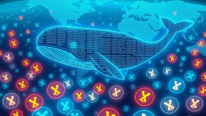 A digital whale symbolizing a massive XRP transfer from Ripple to an unknown wallet, highlighting a significant crypto transaction.