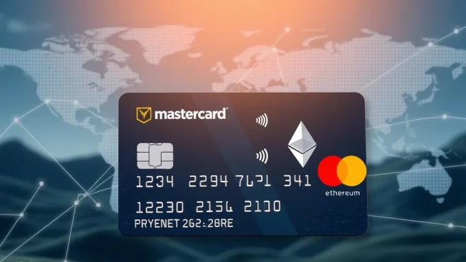 Mastercard crypto integration with digital currency symbols, representing its strategic approach to evolving global payment systems.