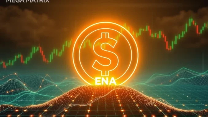 Mega Matrix Unleashes Ambitious $2 Billion Stablecoin Strategy A digital representation of Mega Matrix's ambitious stablecoin strategy, featuring a glowing Ethena ENA token and financial growth charts.
