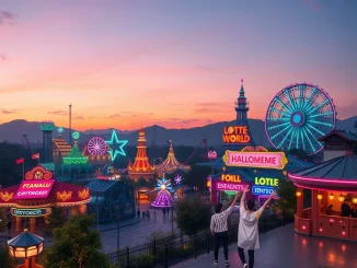 MemeCore HALLOMEME festival banner showing Lotte World and memecoin characters, announcing a unique crypto event.