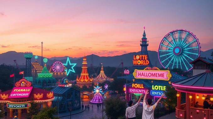 MemeCore HALLOMEME festival banner showing Lotte World and memecoin characters, announcing a unique crypto event.