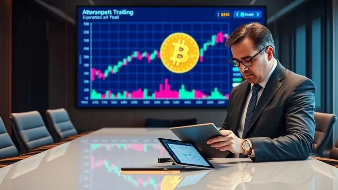 Metaplanet Bitcoin strategy: A corporate executive reviewing a digital ledger with a large BTC icon, symbolizing the company's significant investment.