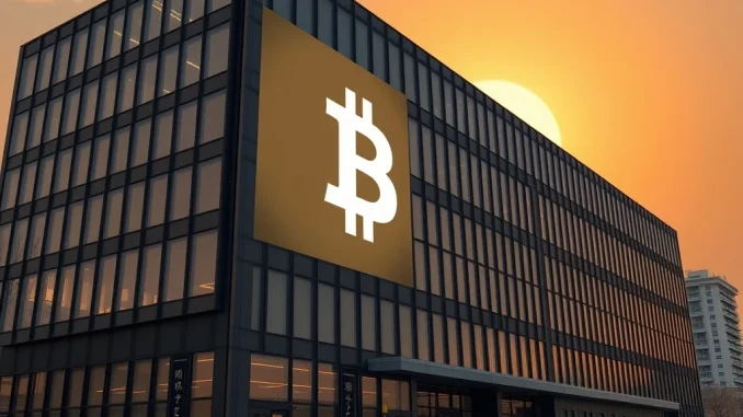 Metaplanet's corporate building reflecting a Bitcoin symbol, symbolizing its ambitious Metaplanet Bitcoin acquisition plan.