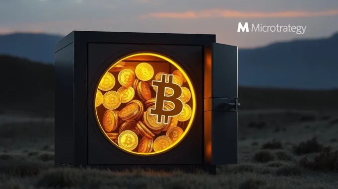 MicroStrategy's Bold Bitcoin Accumulation Reaches New Heights with Latest 525 BTC Purchase MicroStrategy's impressive Bitcoin holdings visualized as a secure digital vault, highlighting its strategic BTC accumulation.
