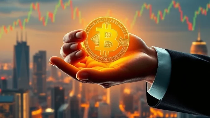 MicroStrategy Bitcoin purchase: A corporate hand holding a Bitcoin, symbolizing MSTR's strategic investment.