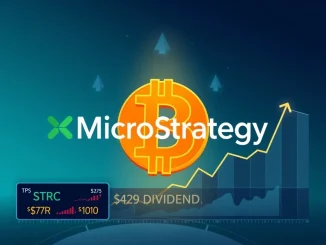 MicroStrategy dividend increase impacts STRC preferred stock and its Bitcoin acquisition strategy, shown with corporate logos and financial charts.
