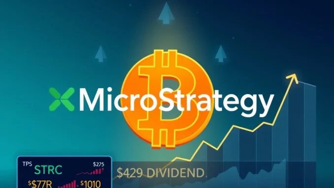 MicroStrategy dividend increase impacts STRC preferred stock and its Bitcoin acquisition strategy, shown with corporate logos and financial charts.