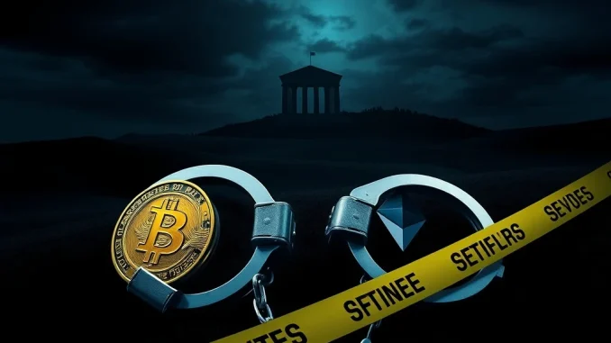 Illustrative image showing the serious legal repercussions of a crypto theft incident, with handcuffs and digital currency symbols representing the crime.