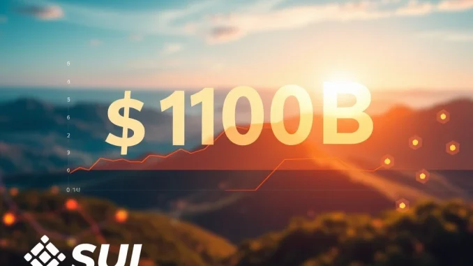 A chart showing Momentum DEX's cumulative trading volume on the Sui ecosystem reaching $10 billion, symbolizing rapid growth and success.