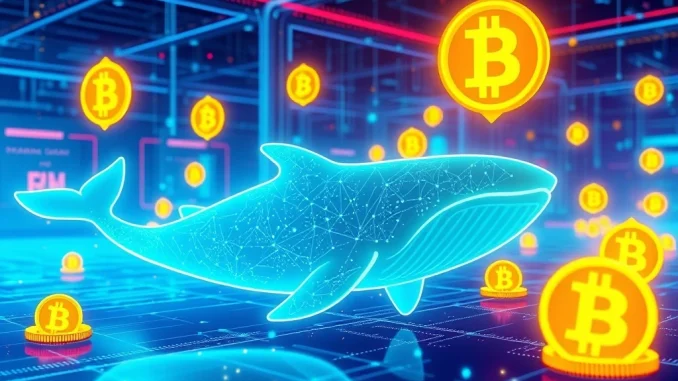 A digital whale swimming through cryptocurrency symbols, representing Whales Market enabling Monad pre-market trading opportunities.
