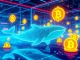 A digital whale swimming through cryptocurrency symbols, representing Whales Market enabling Monad pre-market trading opportunities.