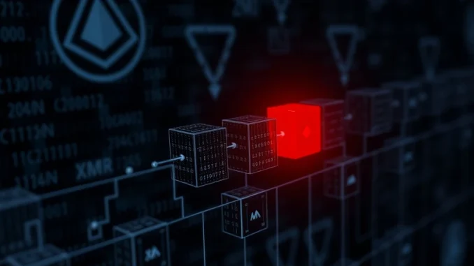 Visualizing a Monero block reorganization incident, highlighting invalidated transactions and network disruption, sparking cryptocurrency hack concerns.