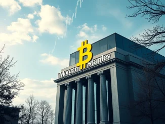 Morgan Stanley's headquarters subtly integrated with Bitcoin symbols, representing its significant $188M Morgan Stanley Bitcoin ETF investment.