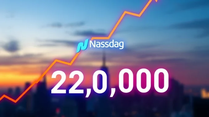 A triumphant graph showing the Nasdaq all-time high, representing significant market growth and a new stock market record for tech performance.